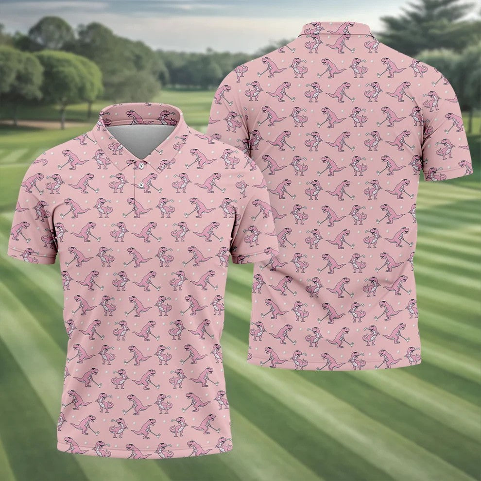 Pink T-Rex Dinosaur Golfer Pattern Golf Polo Shirt, Golf Shirts For Men, Mens Golf Apparel