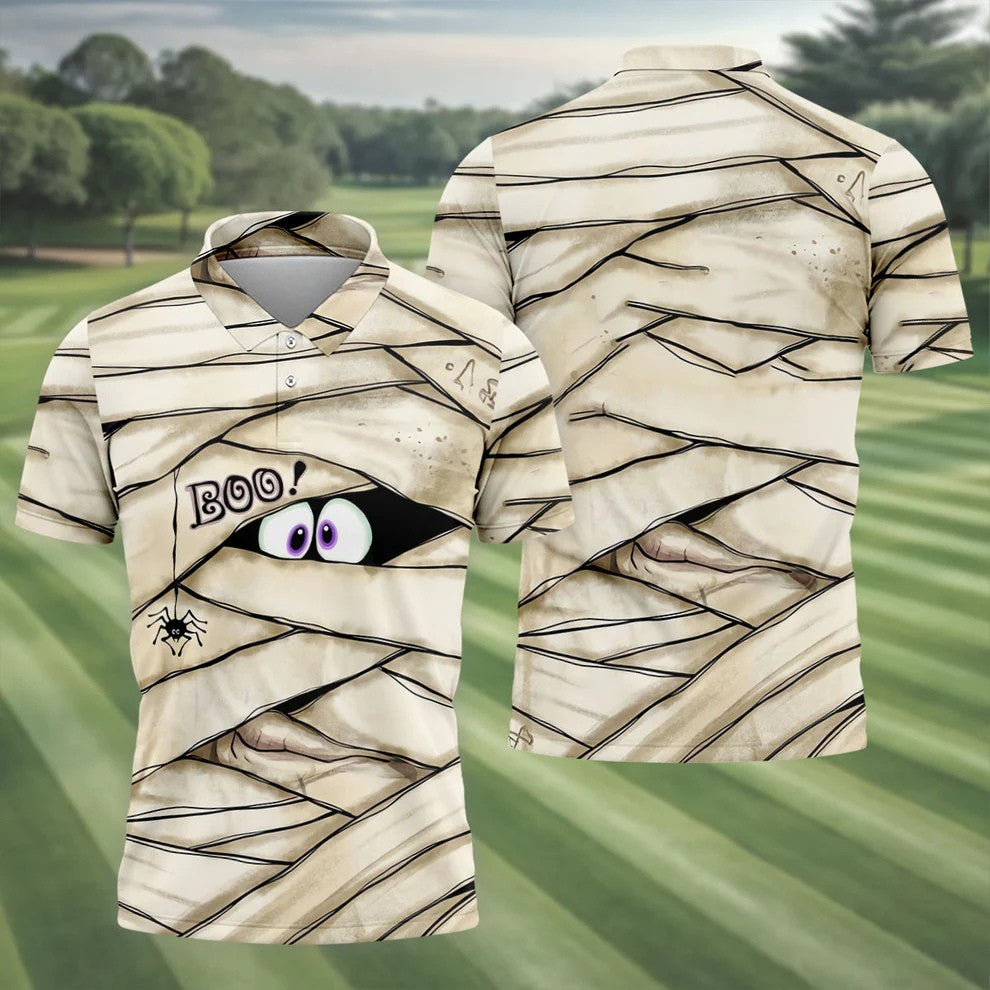Cute Mummy Peeking Eyes BOO Halloween Golf Polo Shirt, Mens Golf Polo, Hawaiian Golf Shirt