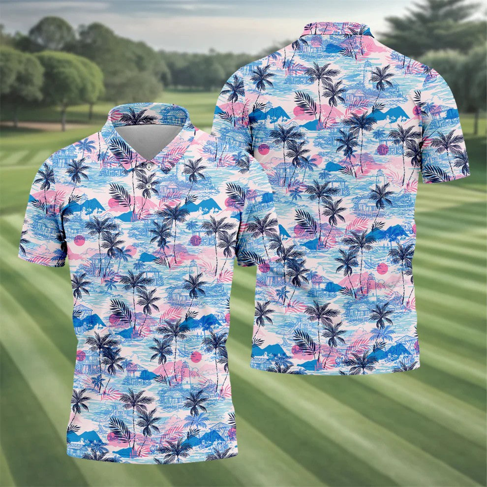 Tropical Island Sunset Pink And Blue Hawaiian Golf Shirt, Polo Shirts For Men, Golfing Apparel