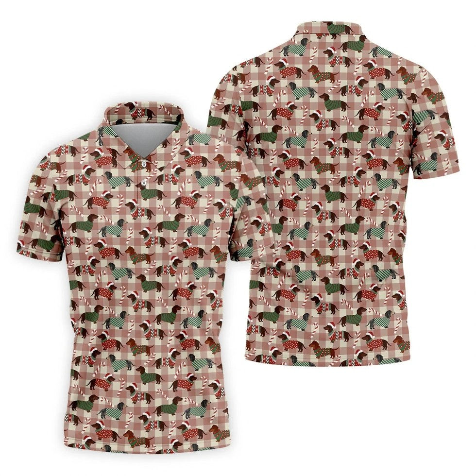 Christmas Dachshund Pink Checkered Golf Tops For Men, Christmas Golf Shirt, Polo Shirts For Men