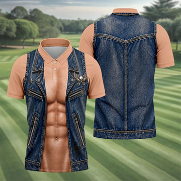 Blue Denim Vest Illusion Golf Polo Shirt, Golf Shirts For Men, Mens Golf Apparel