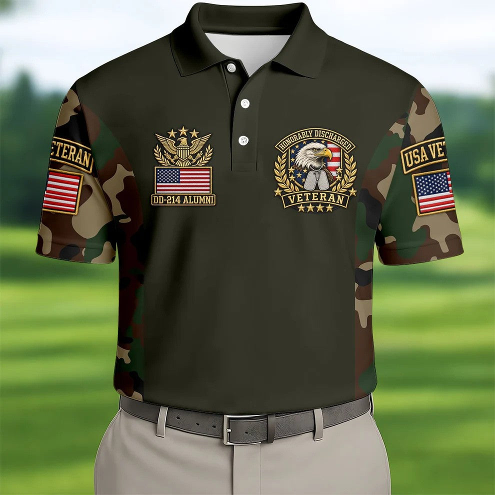 DD-214 Eagle Badge Olive Camo Polo Shirt, Men Golf Apparel, Veterans Day Golf Shirt