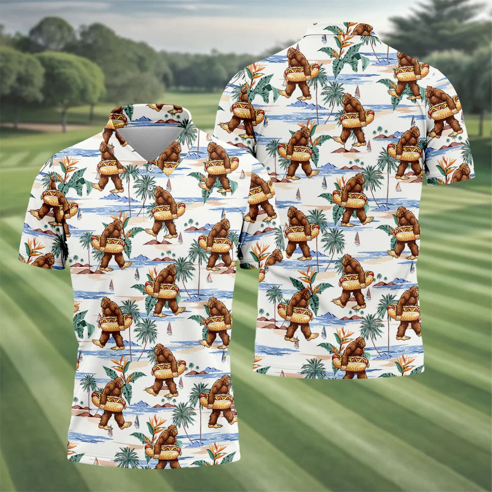 Bigfoot Hot Dog Beach Hawaiian Shirt, Mens Golf Polo, Hawaiian Golf Shirt, Golf Apparel For Men