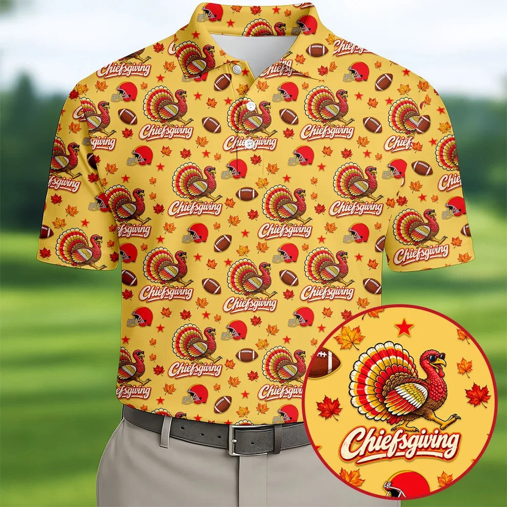 Chiefsgiving Thanksgiving Golf Shirt, Golf Shirts For Men, Mens Holiday Golf Shirts