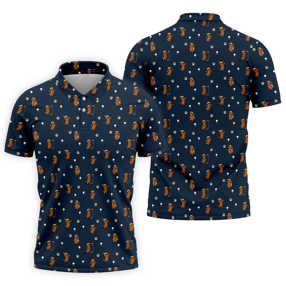 Cartoon Dachshund Golfer Pattern Golf Polo Shirt, Men's Golf Shirt, Golf Apparel For Men