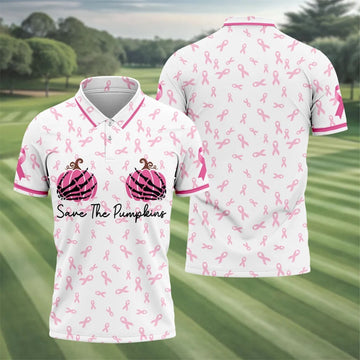 Save The Pumpkins Breast Cancer Ribbon Polo Shirt, Mens Golf Polo, Golf Apparel For Men
