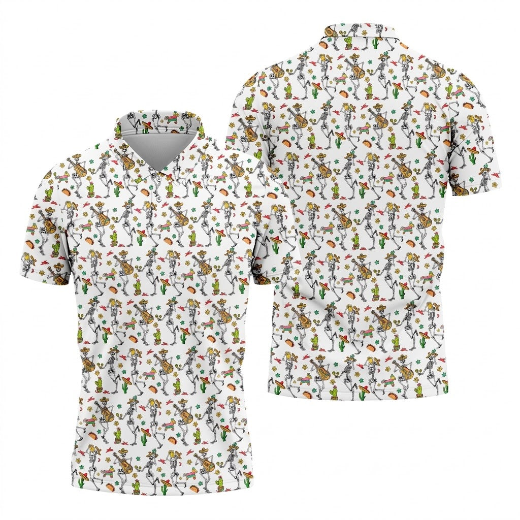 Dia De Muertos Skeletons Cinco De Mayo Celebration Fiesta Themed White Golf Shirts For Men