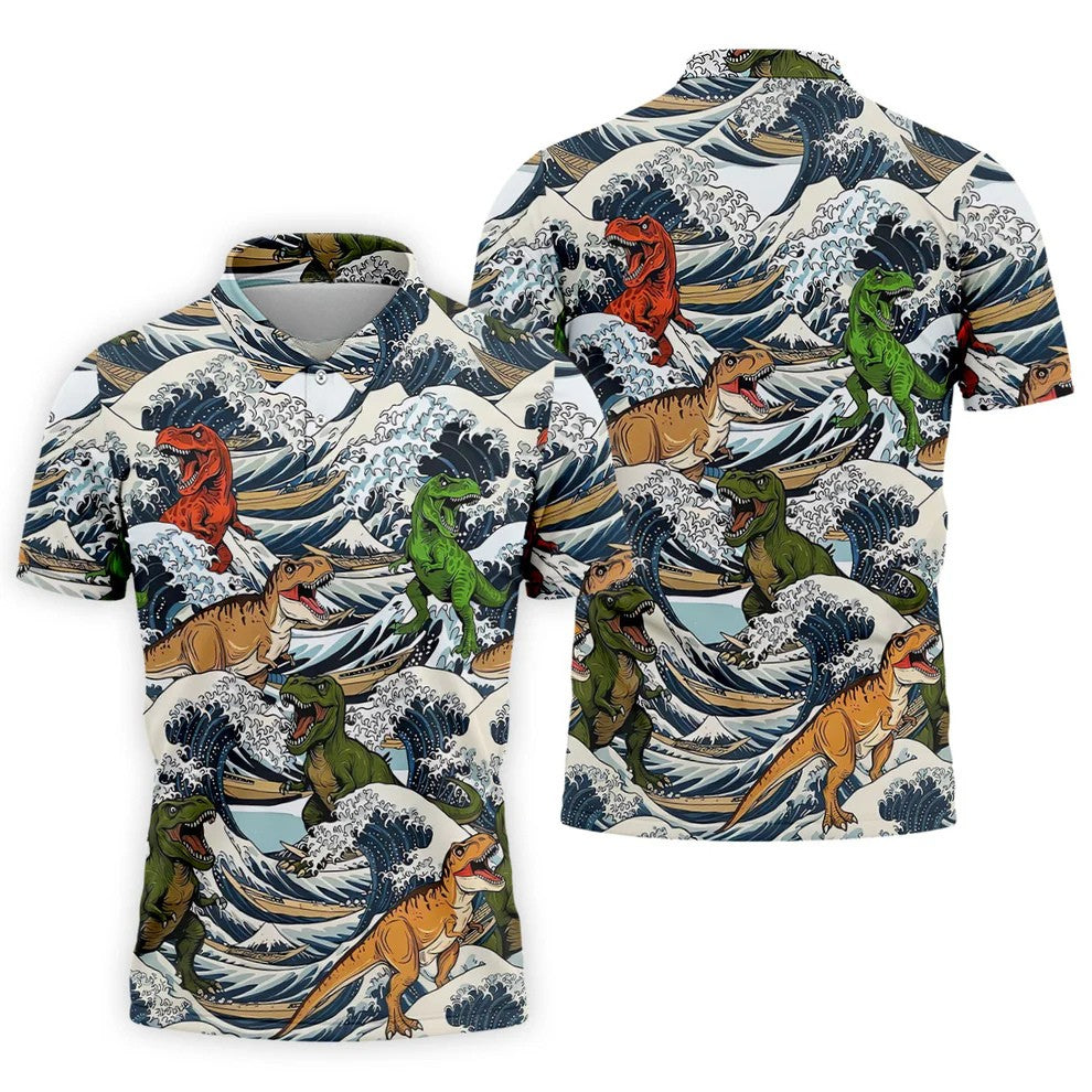 T Rex Surfing Great Wave Golf Polo Shirt, Men's Golf Shirt, Printed Golf Shirts