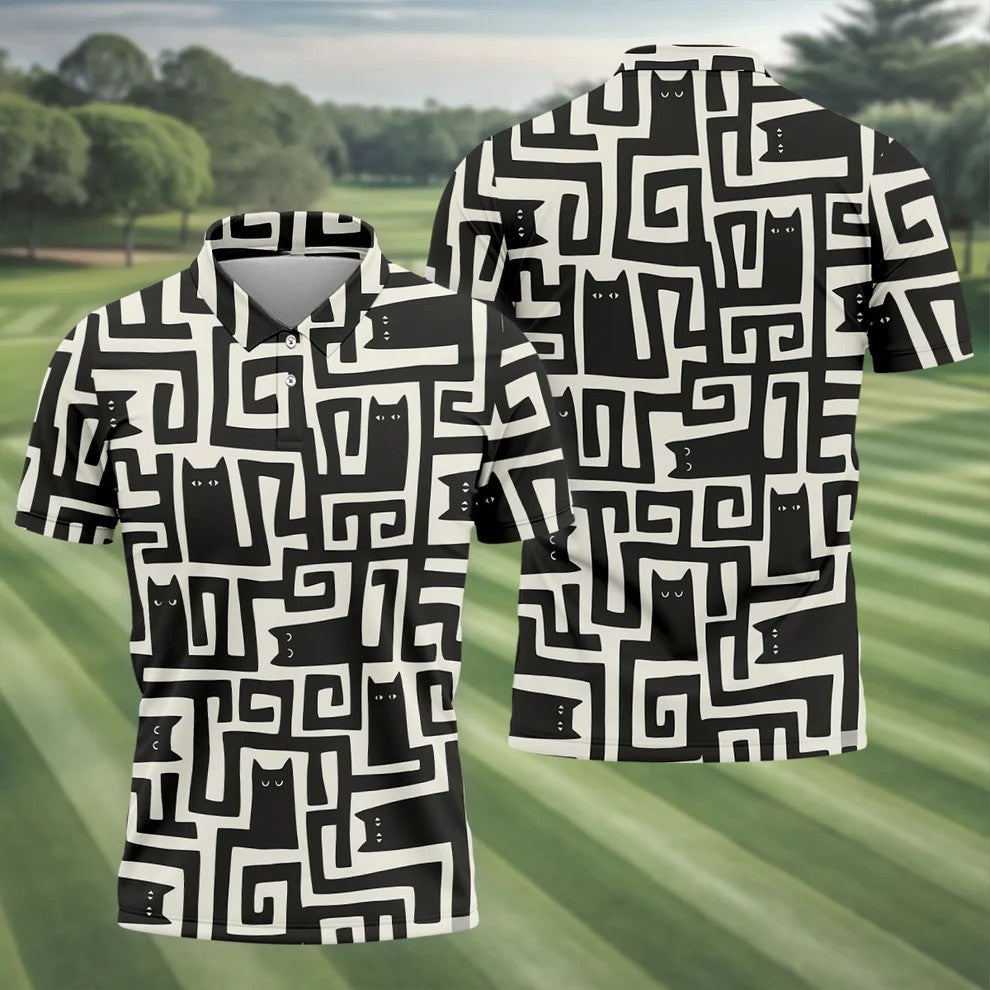 Minimalist Black Cat Maze Pattern Golf Polo Shirt, Men's Golf Shirt, Printed Golf Shirts