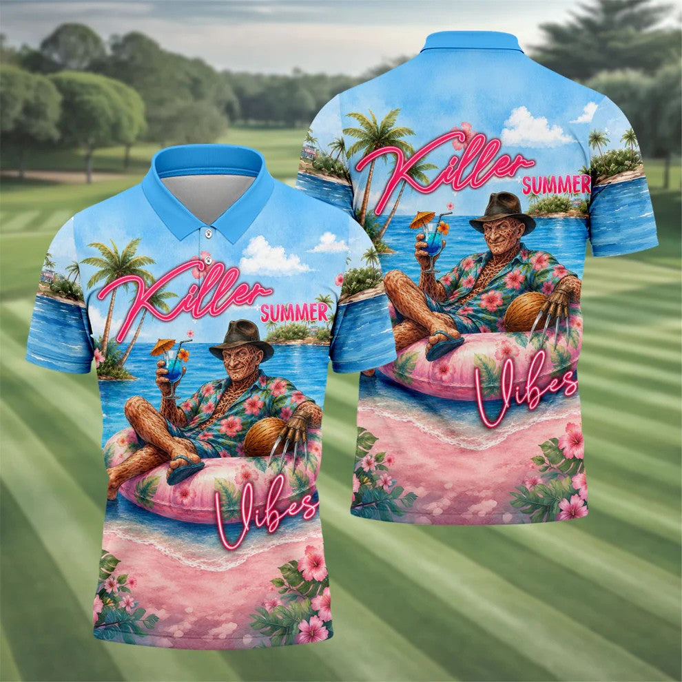 Killer Summer Vibes Burned Slasher Golf Polo Shirt, Men's Golf Shirt, Mens Golf Apparel