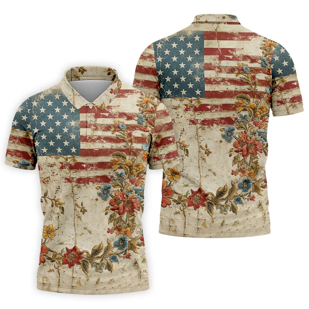 Floral American Flag Vintage Golf Shirt, 250 Years Patriotic 4th Of July Golf Shirts For Men