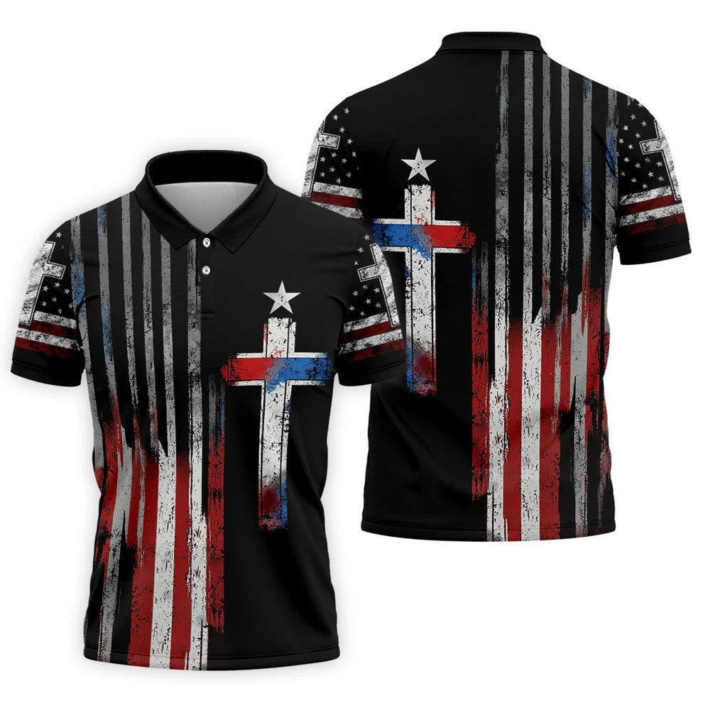Faith Cross US Flag Golf Shirt, 250 Years Retro Golf Shirt, Patriotic 4th Of July Polo Shirts For Men