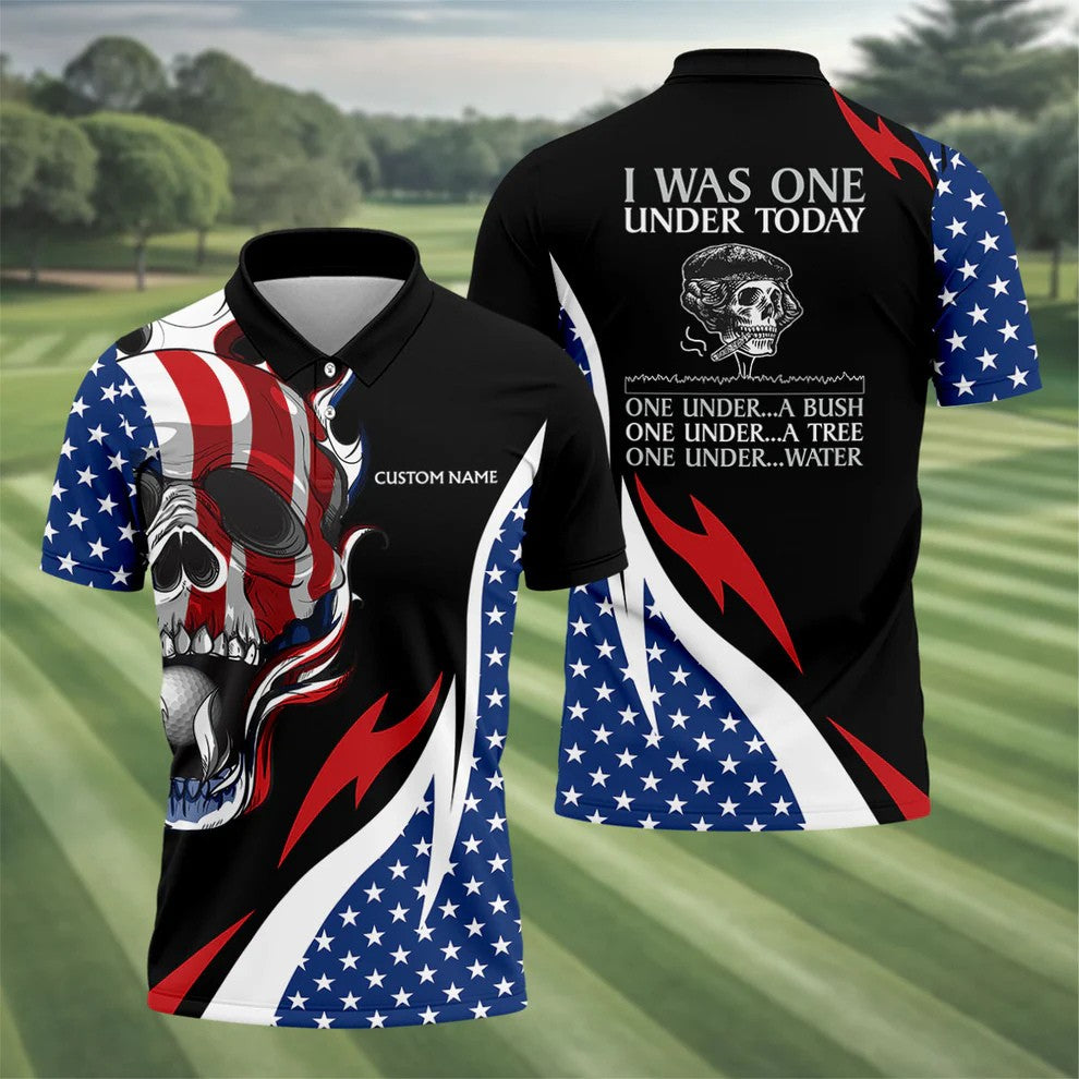 I Was One Under Today Cool Skull US Flag Golf Shirt, 4th Of July Patriotic Golf Shirts For Men