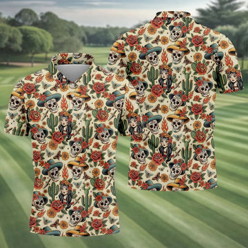 Day Of The Dead Sugar Skull Floral Polo Shirt, Mens Golf Polo, Hawaiian Golf Shirt
