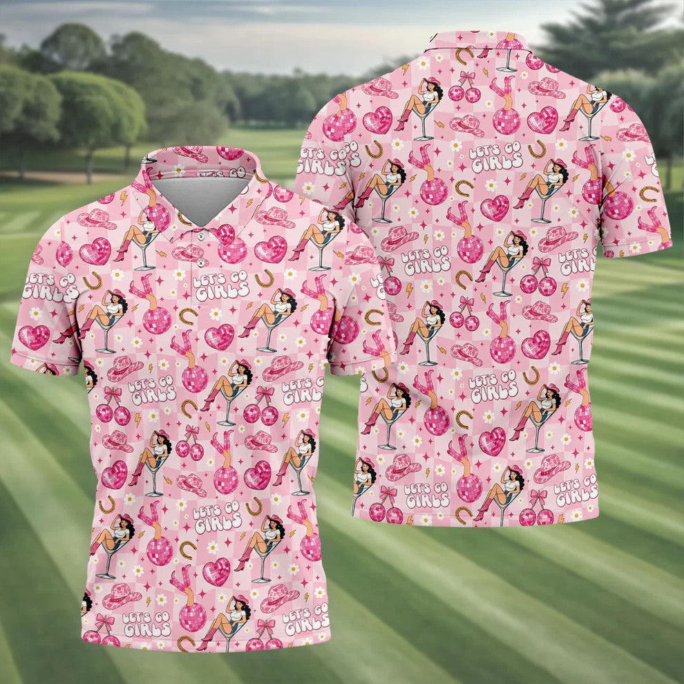 Let's Go Girls Pink Cowgirl Golf Polo Shirt, Mens Golf Shirts, Hawaiian Golf Shirt