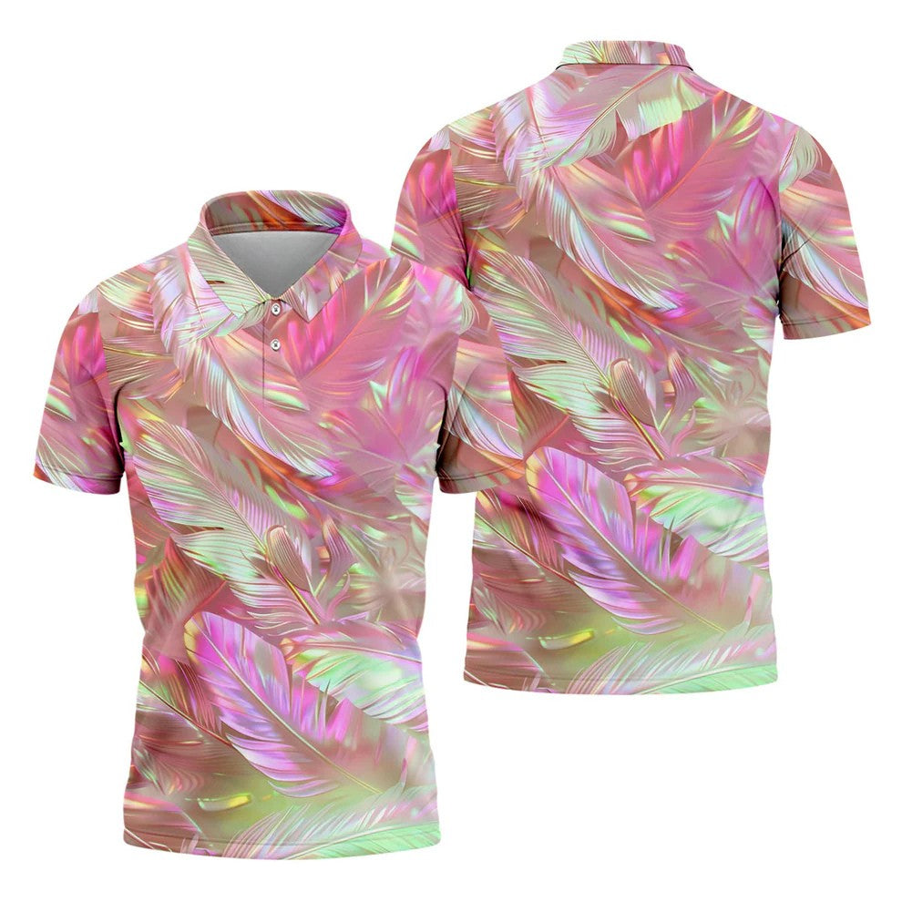 Pastel Gradient Feather Hawaiian Golf Shirt, Golf Tops For Men, Golf Shirts For Men