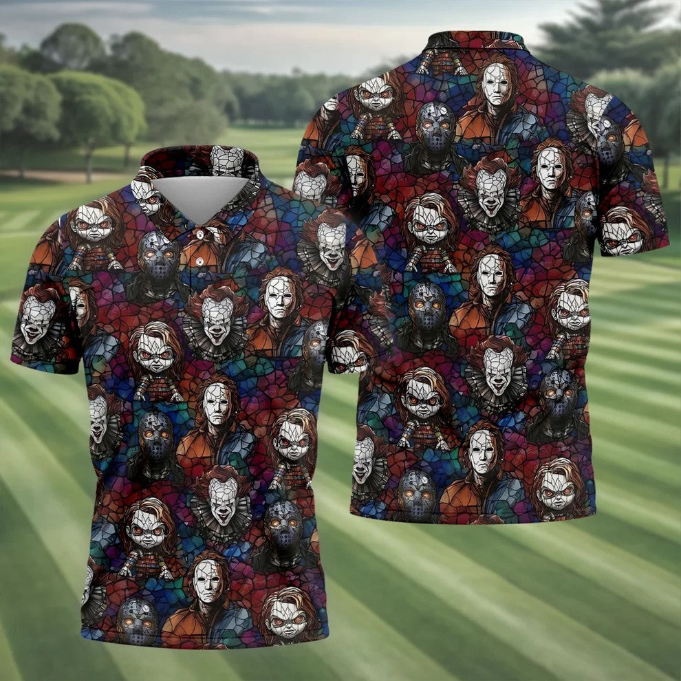 Stained Glass Horror Character Halloween Golf Shirt, Mens Polo Shirts, Golf Apparel For Men