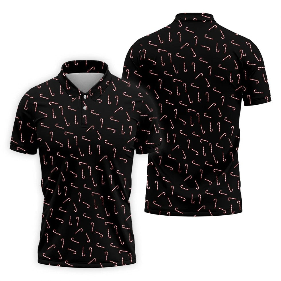 Christmas Candy Cane Golf Tops For Men, Christmas Golf Shirt, Black Golf Polo Shirt, Golf Gift For Men
