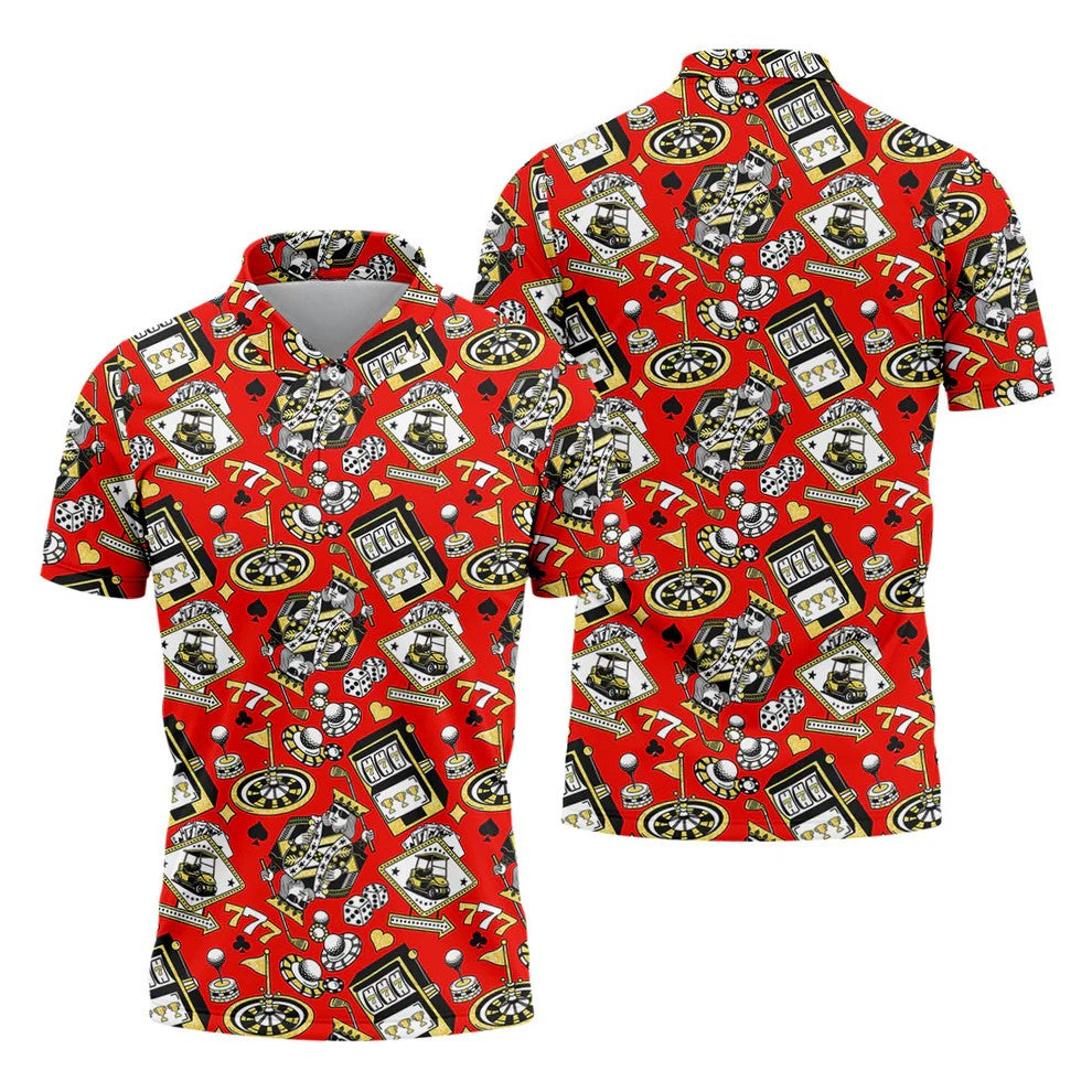 Casino Golf Pattern Red Hawaiian Golf Polo Shirt, Mens Golf Polo, Polo Shirts For Men