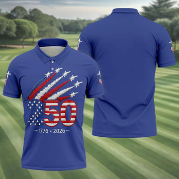 Flying Fighter Jets Faith Cross Patriotic 4th Of July Blue Golf Shirt, 250 Years Golf Shirts For Men