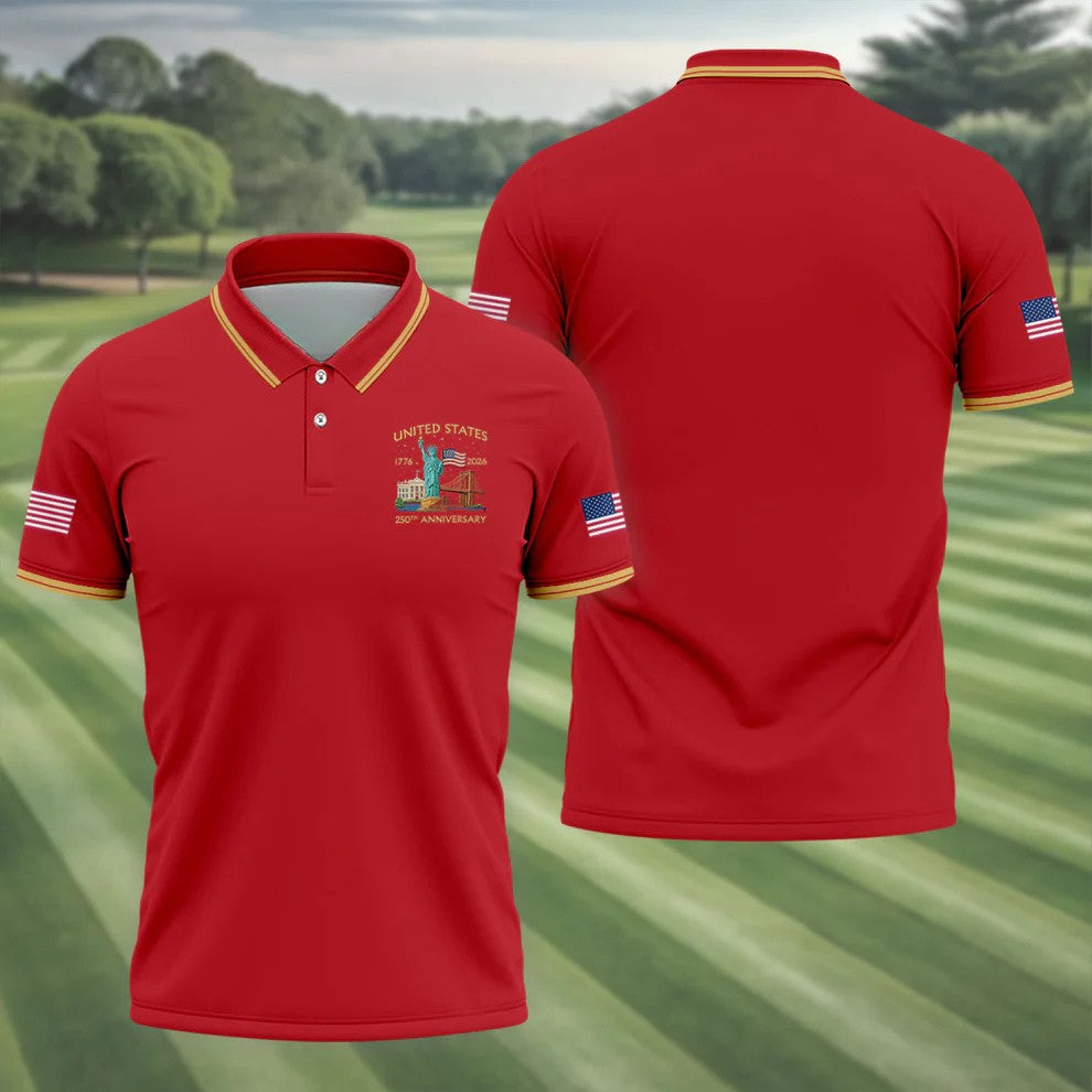 American Symbols Red Patriotic Golf Shirt, US 250 Years 4th Of July Golf Shirts For Men
