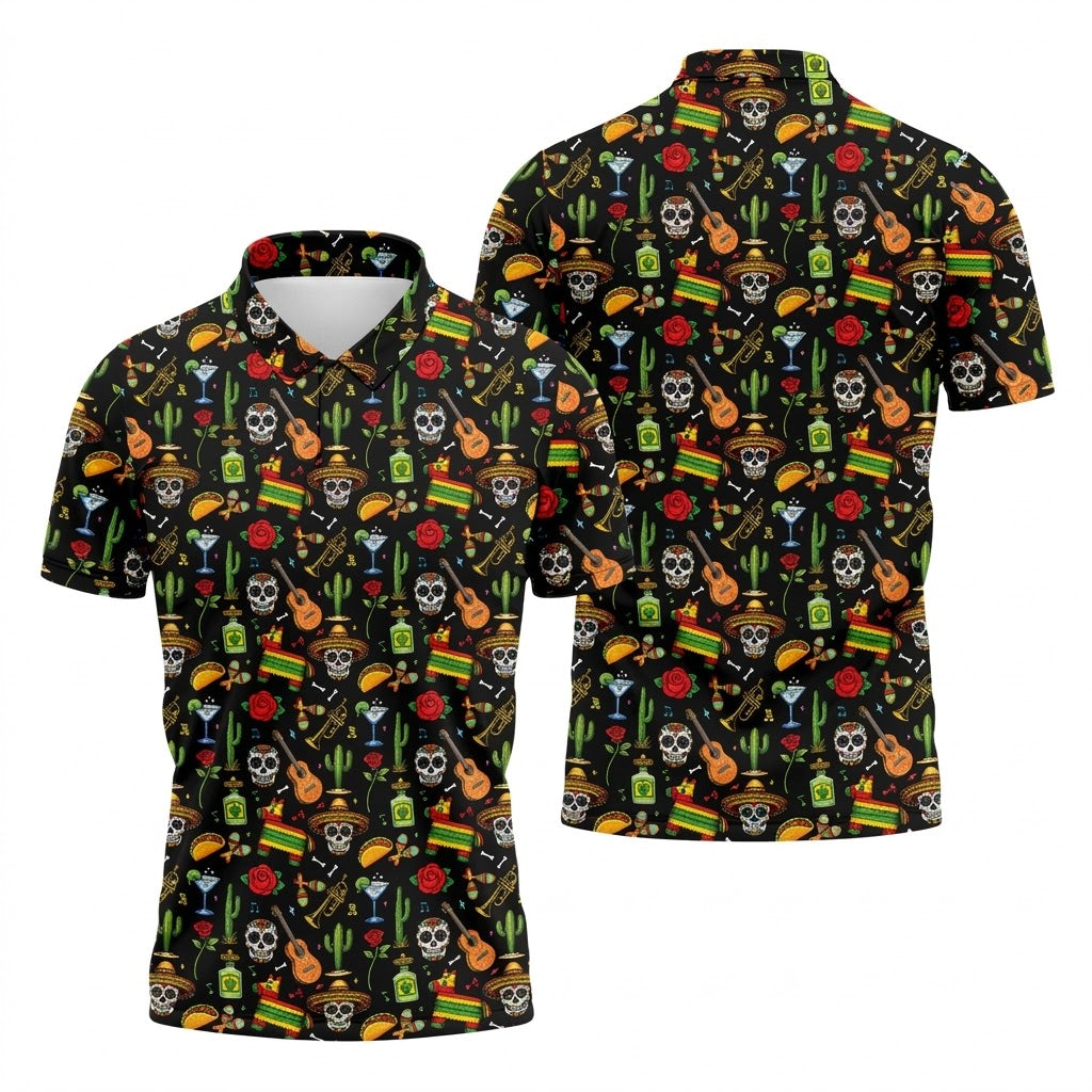 Decorated Skulls Party Items Cinco De Mayo Celebration Fiesta Themed Black Golf Shirts For Men