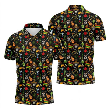 Decorated Skulls Party Items Cinco De Mayo Celebration Fiesta Themed Black Golf Shirts For Men