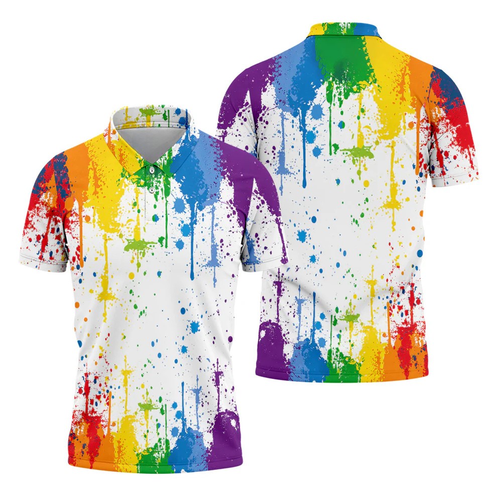Rainbow Paint Splatter LGBT Support Golf Tops For Men, Pride Month Golf Shirts For Men
