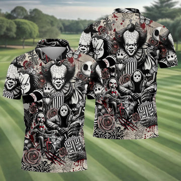 Horror Character Movie Collage Golf Polo Shirt, Men's Golf Polo, Hawaiian Golf Shirt