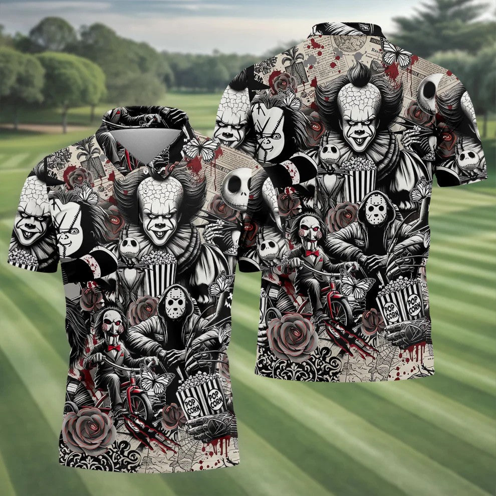 Horror Character Movie Collage Golf Polo Shirt, Men's Golf Polo, Hawaiian Golf Shirt