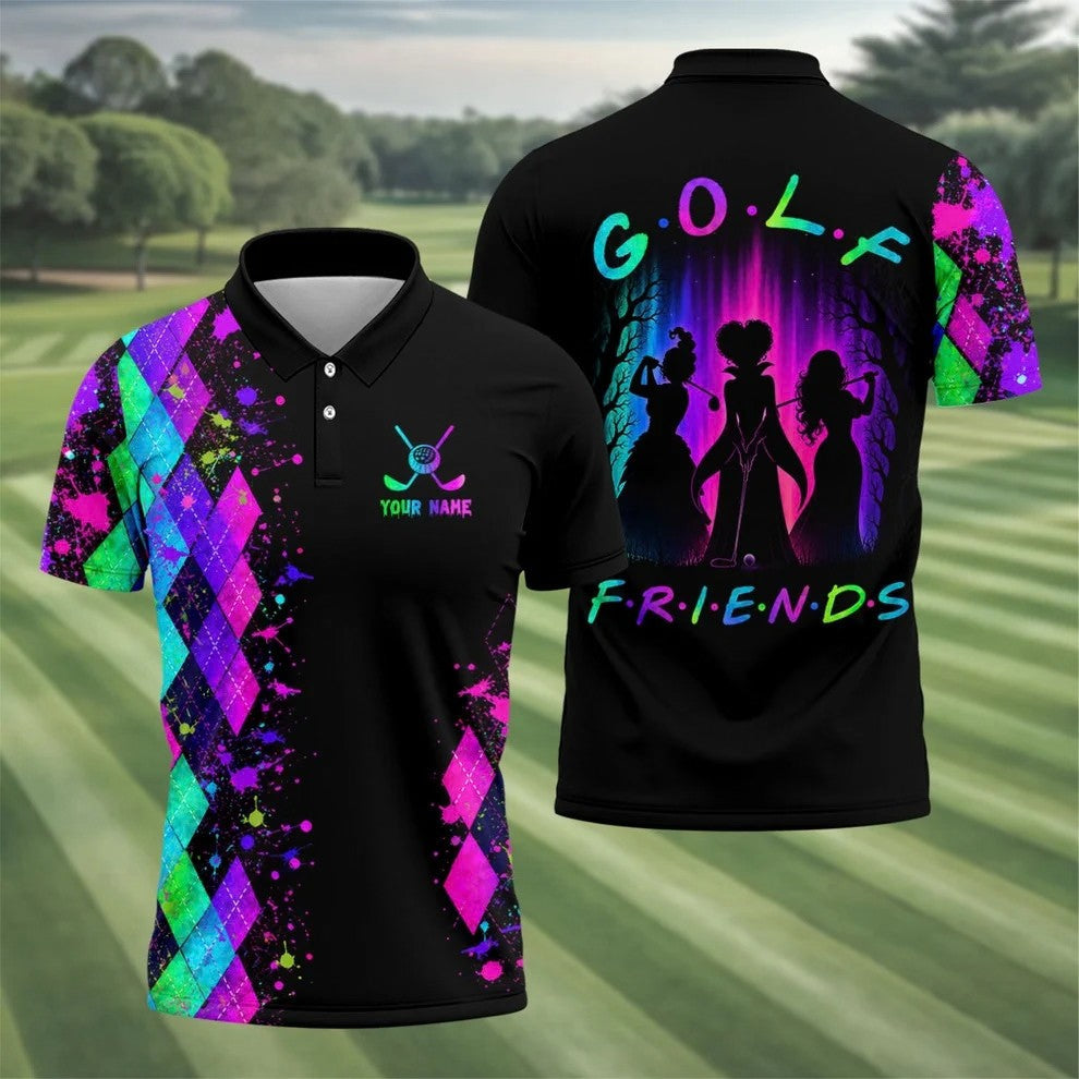 Custom Name Golf Friends Halloween Golf Polo Shirt, Horror Character Shirt, Mens Golf Polo