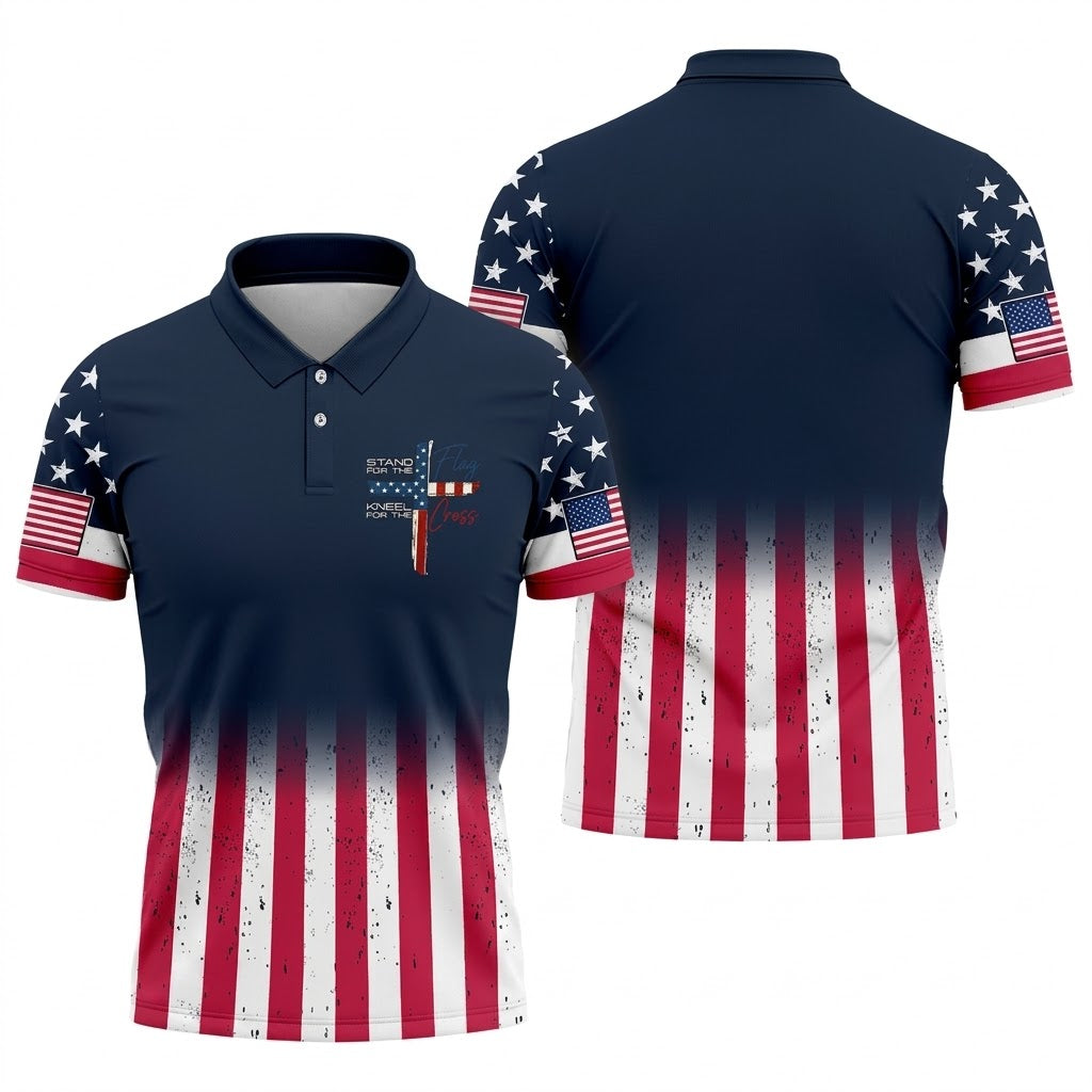 Stand For The Flag Kneel For The Cross Golf Polo Shirt Men - Patriotic Christian 4th of July American Flag Golf Shirt