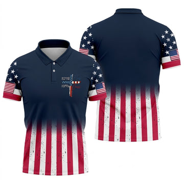 Stand For The Flag Kneel For The Cross Golf Polo Shirt Men - Patriotic Christian 4th of July American Flag Golf Shirt
