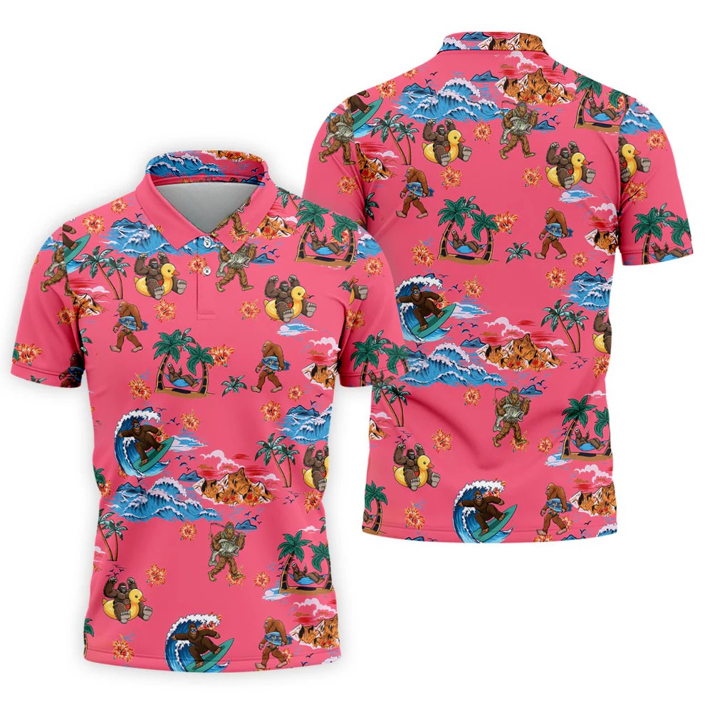 Pink Tropical Bigfoot Hawaiian Golf Polo Shirt, Men's Golf Shirt, Golf Polo Shirts For Men
