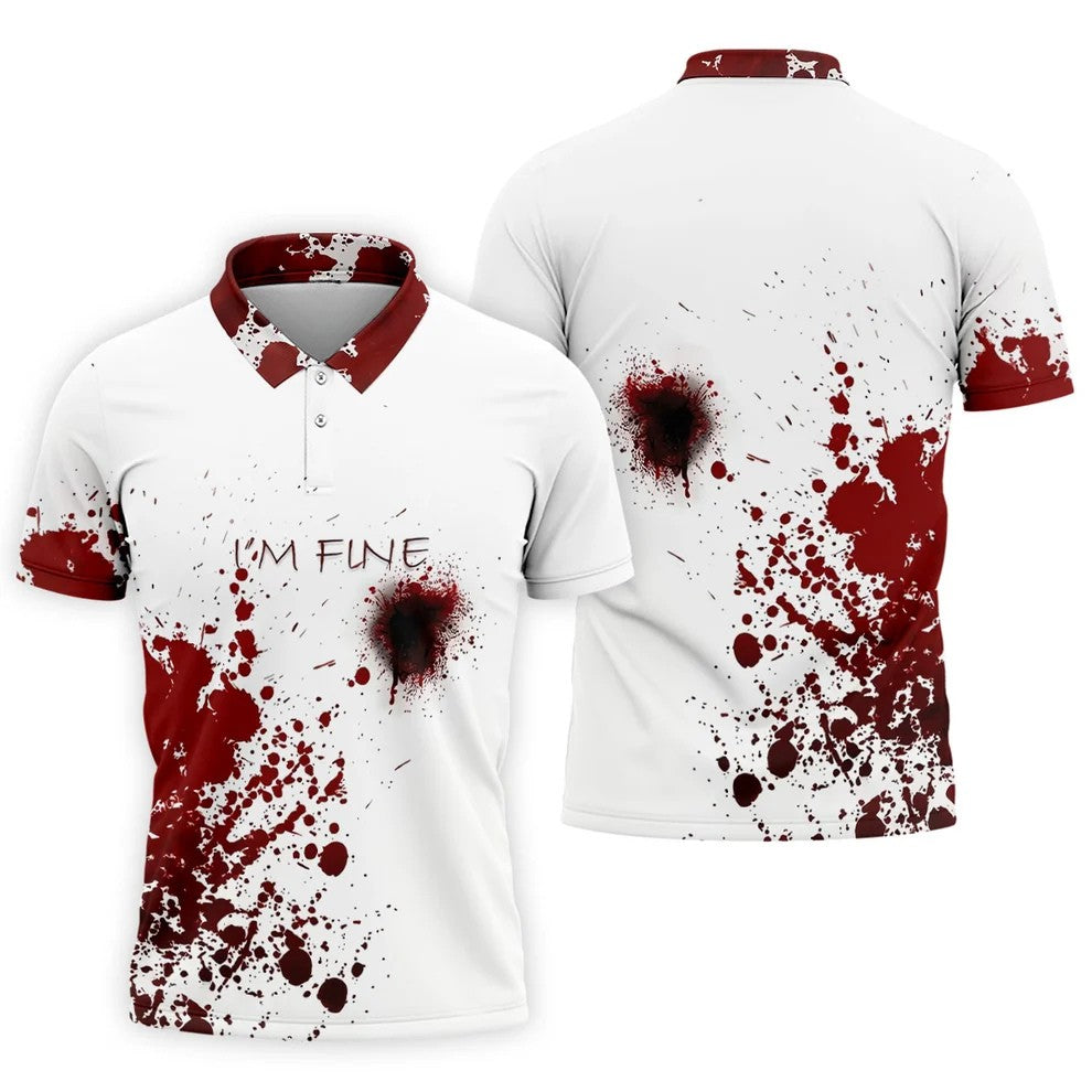 I'm Fine Bloody Splatter Horror Halloween Golf Polo Shirt, Mens Golf Shirts, Printed Golf Shirts