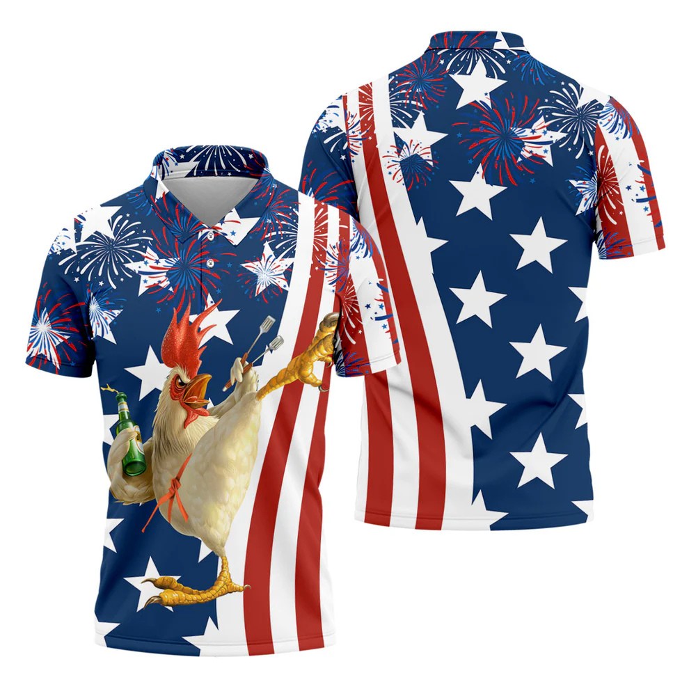 Funny Rooster Red White Blue 4th Of July Golf Shirt, 250 Years Golf Shirts For Men