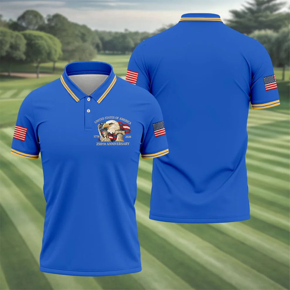 Bald Eagle American Flag 250 Years Blue Golf Shirt, Patriotic 4th Of July Golf Shirts For Men