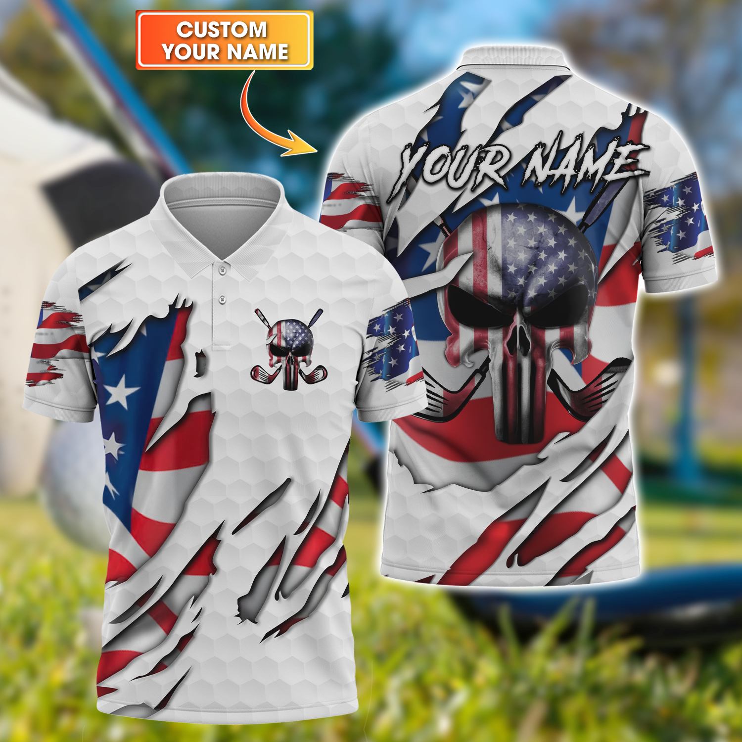American Skull Flag Custom Golf Polo Shirt, Gift For Golfers, Golf Gift For Men, America 250 Anniversary Golf Shirt