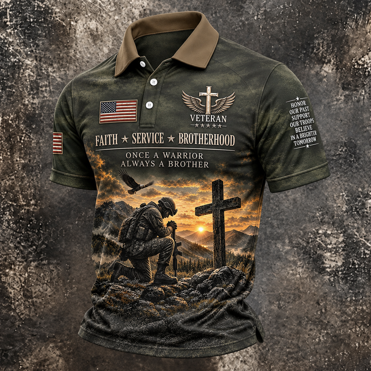 Veterans Day Praying Soldier Cross Polo Shirt, Polo Shirts For Men, Mens Golf Shirts