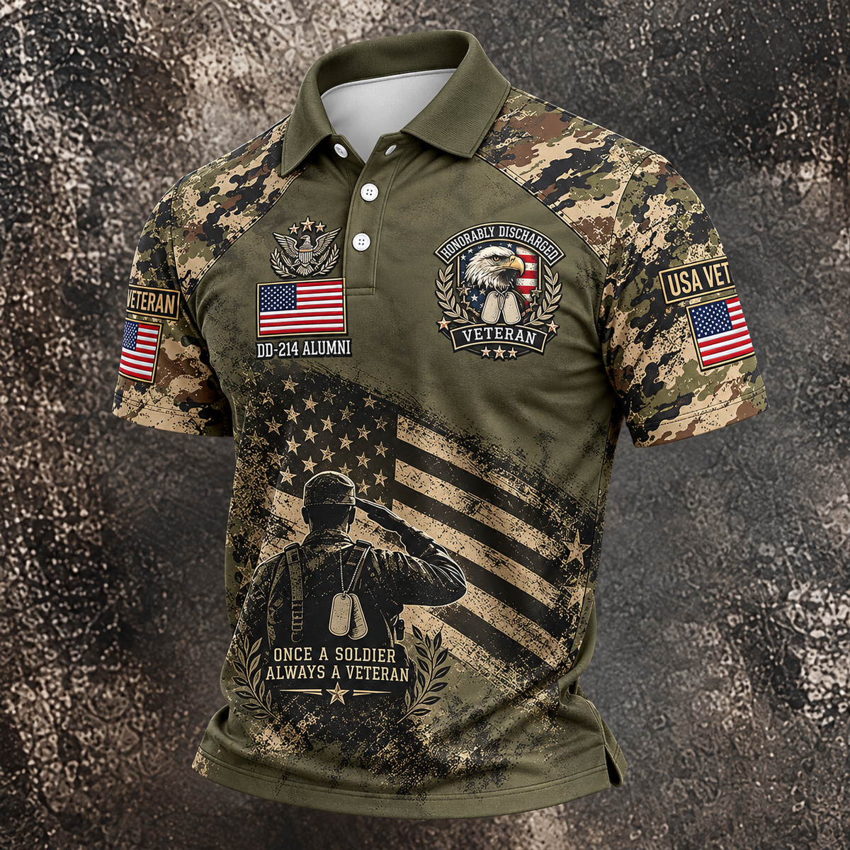 DD-214 Honorably Discharged Camo Polo Shirt, Veterans Day Shirt, Mens Golf Shirts