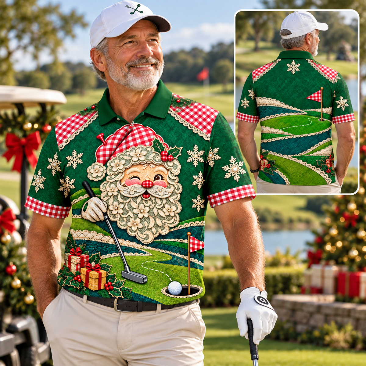 Christmas Winking Santa Golf Polo Shirt, Christmas Golf Shirt, Mens Golf Apparel