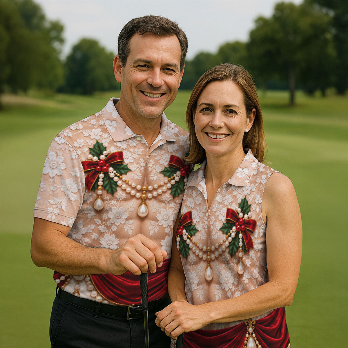 White Lace Pearls Christmas Golf Shirt, Funny Mens Golf Shirts, Golf Shirts For Men