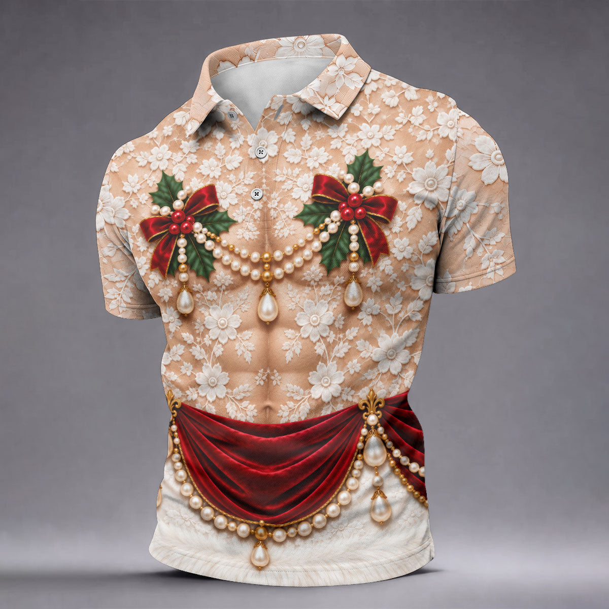 White Lace Pearls Christmas Golf Shirt, Funny Mens Golf Shirts, Golf Shirts For Men