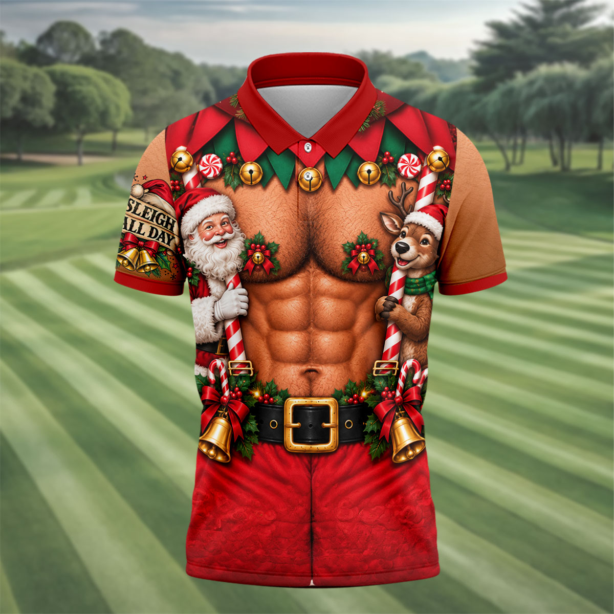 Sleigh All Day Muscle Santa Christmas Golf Shirt, Mens Golf Apparel, Mens Golf Polo
