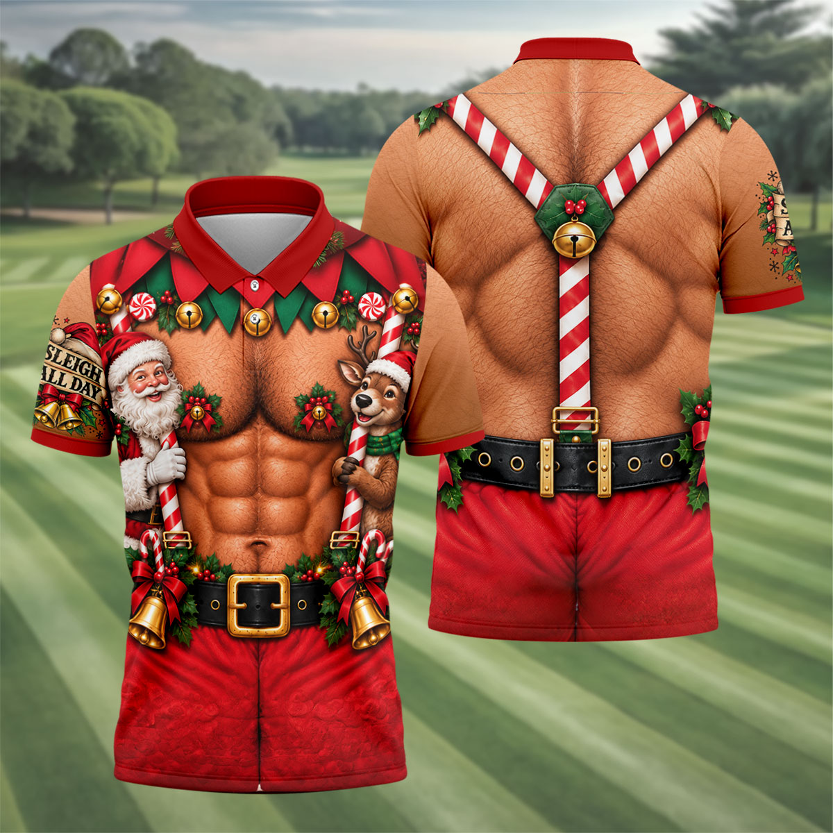 Sleigh All Day Muscle Santa Christmas Golf Shirt, Mens Golf Apparel, Mens Golf Polo