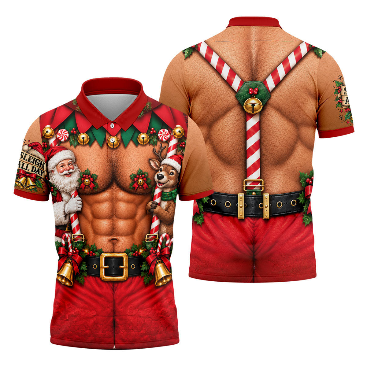 Sleigh All Day Muscle Santa Christmas Golf Shirt, Mens Golf Apparel, Mens Golf Polo