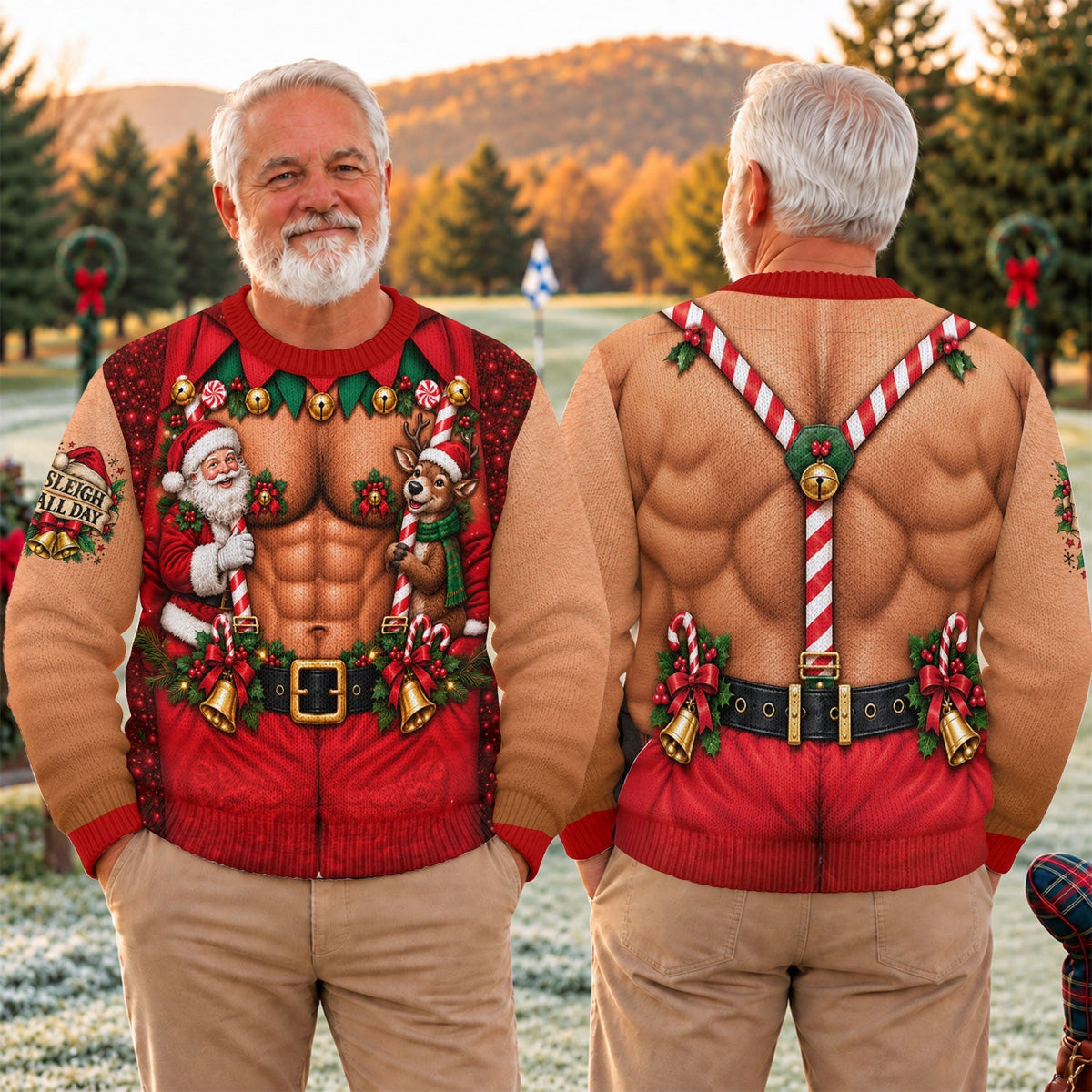 Sleigh All Day Muscle Ugly Christmas Sweater, Golf Lover Gifts, Ugly Sweater Party