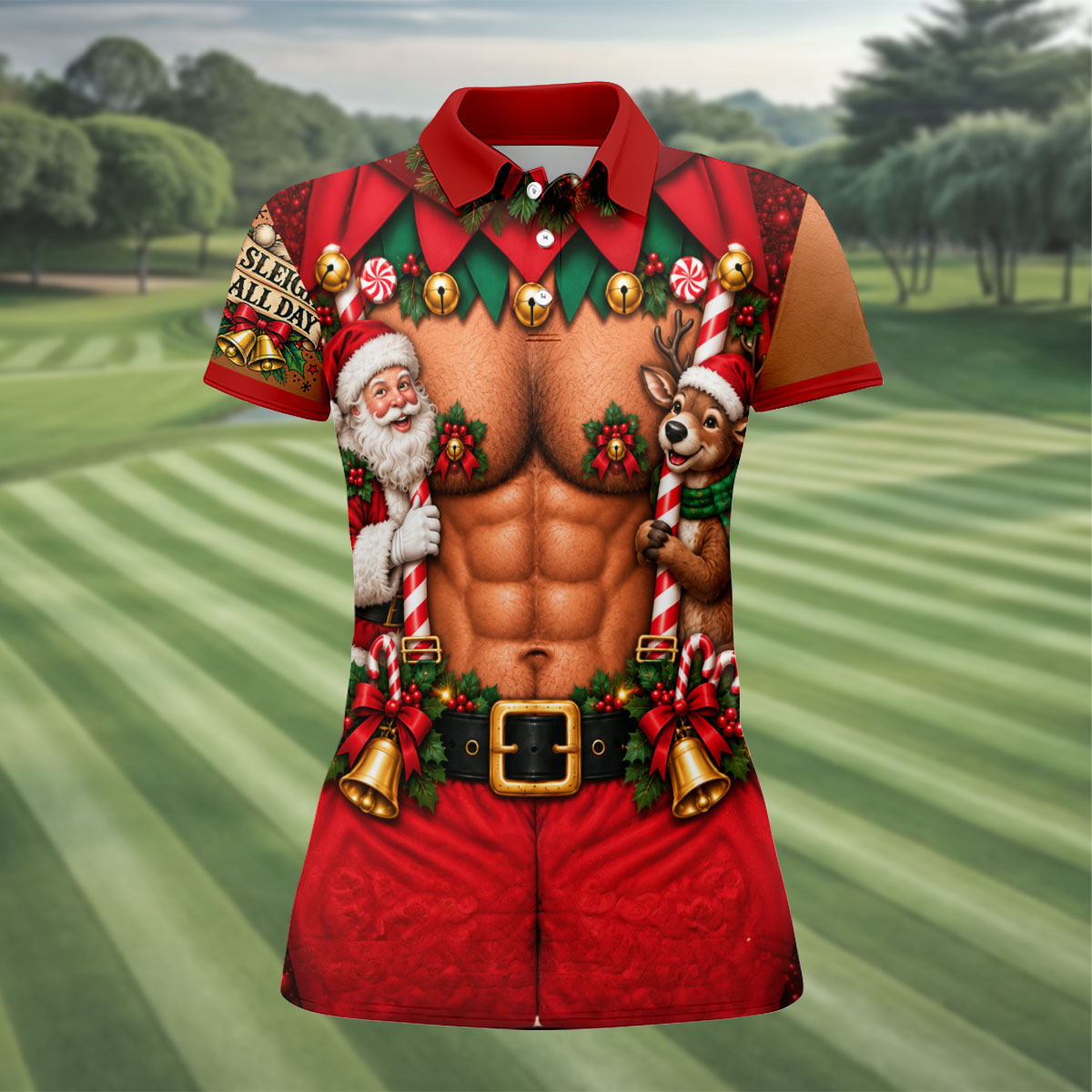 Sleigh All Day Muscle Christmas Golf Shirt, Golf Shirts For Women, Womens Golf Tops