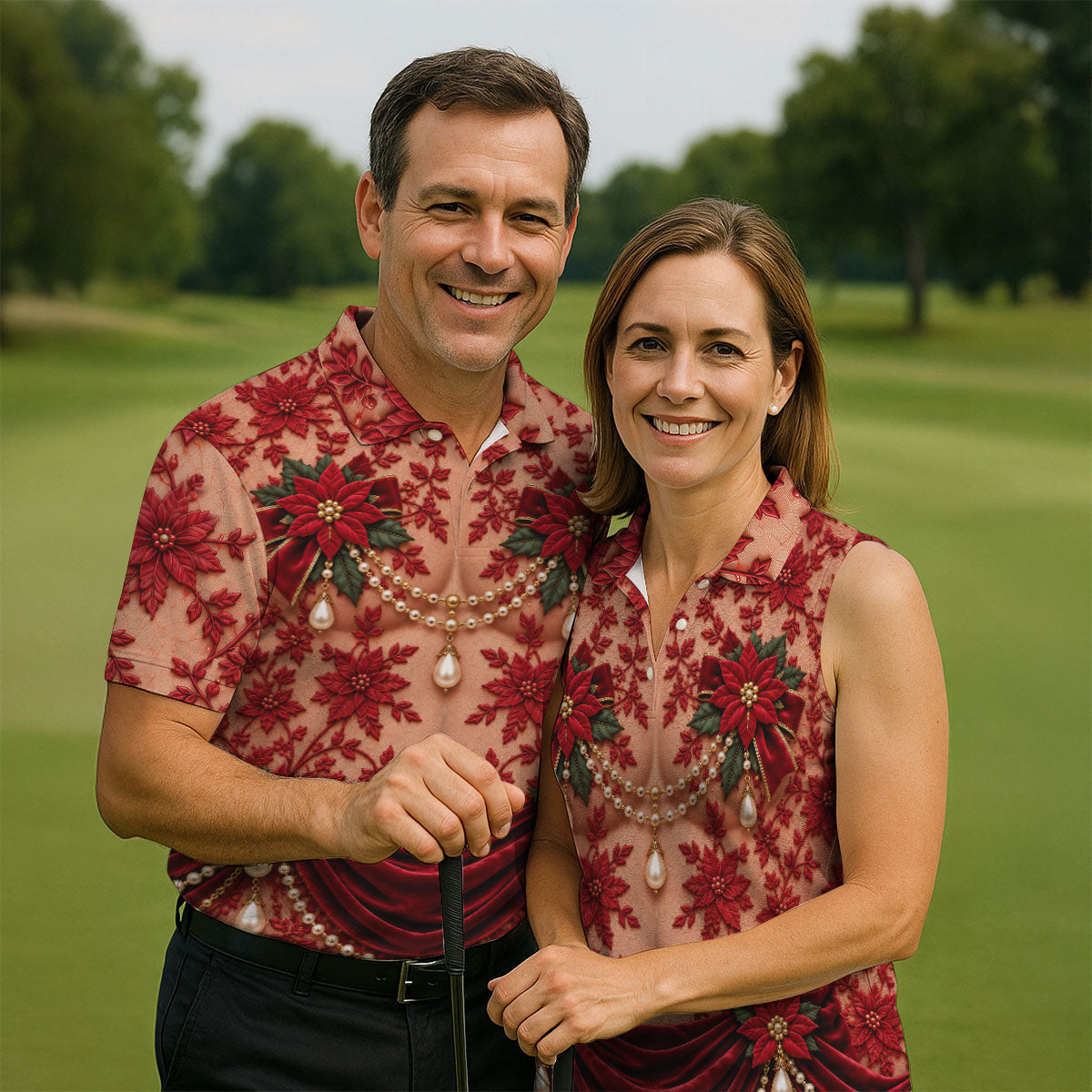 Red Poinsettia Lace Pearls Christmas Golf Shirt, Golf Polo For Men, Mens Golf Polo