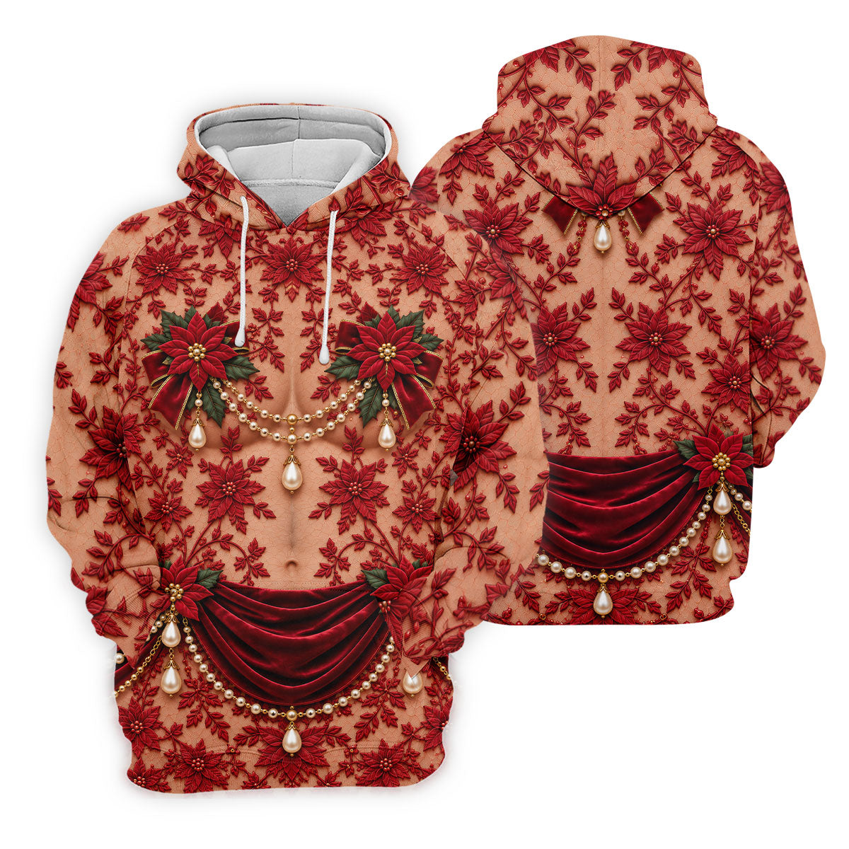 Red Poinsettia Lace Pearls Christmas Golf Shirt, Golf Polo For Men, Mens Golf Polo